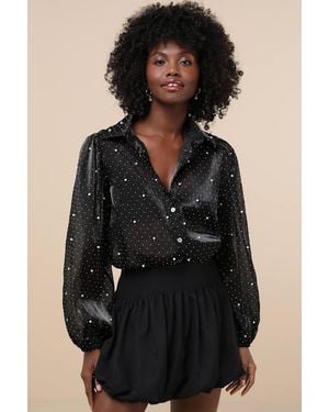 Lulus Poised Glam Sheer Rhinestone Button-Up Top - Black