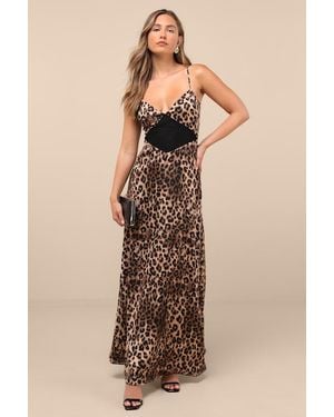 Lulus Livian Leopard Satin Lace-Up Maxi Dress - Natural
