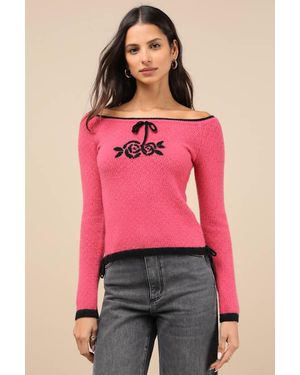 Daisy Street Rosy Posy Off-The-Shoulder Sweater Top - Pink