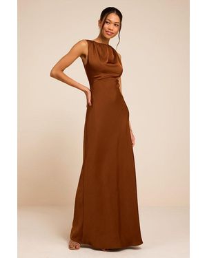 Lulus Perla Satin Boat Neck Maxi Dress - Brown
