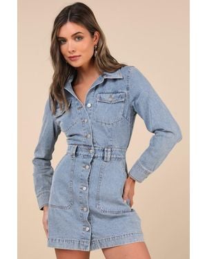 Lulus Notoriously Cool Light Wash Long Sleeve Denim Mini Dress - Blue