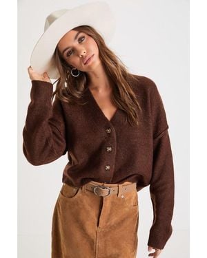 Lulus Cosy Ease Heather Button-Up Cropped Cardigan Jumper - Brown