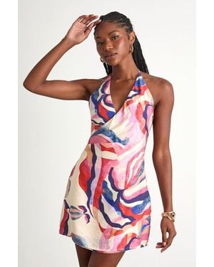 Lulus Zinara Abstract Surplice Halter Mini Dress - Red