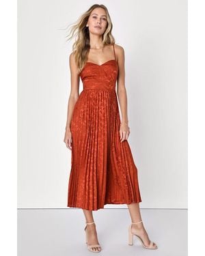 Lulus Regal Romance Rust Floral Jacquard Pleated Satin Midi Dress - Red
