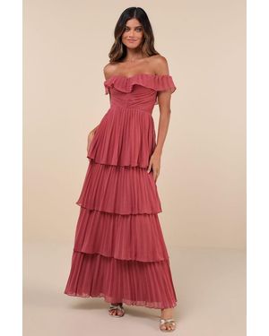 Lulus Always Remarkable Pleated Off-The-Shoulder Maxi Dress - Red