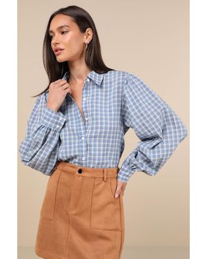 Lulus Charismatic Effect Plaid Long Sleeve Button-Up Top - Blue