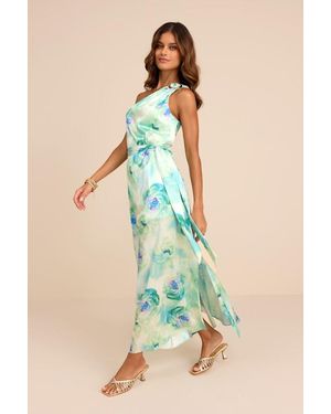 Lulus Goddess Aura Light Floral Satin One-Shoulder Maxi Dress - Blue