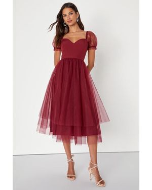 Lulus Brightly Beloved Tulle Tiered Puff Sleeve Midi Dress