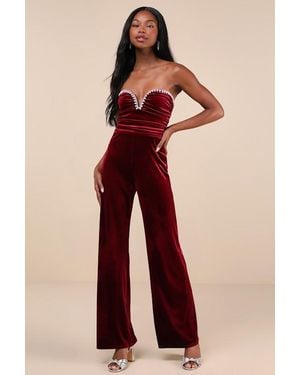 Lulus Fabulous Instinct Velvet Pearl Strapless Jumpsuit - Red