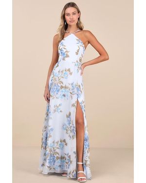 Lulus Romantic Marvel Floral Print Halter Neck Maxi Dress - Blue
