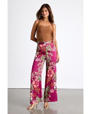 Lulus Thriving Vibes Floral Print Satin Wide-Leg Pants - Red