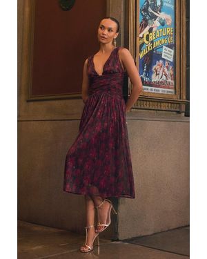 Lulus Evaluna Plum Abstract Print Lurex Pleated Midi Dress - Purple
