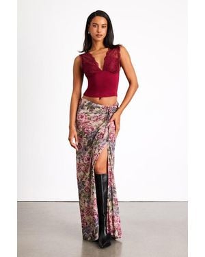 Lulus Daria Multi Floral Ruched Maxi Skirt - Red