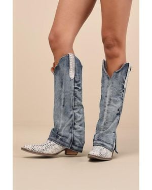 Dingo Shabby Denim Leather Knee-High Western Boots - Blue