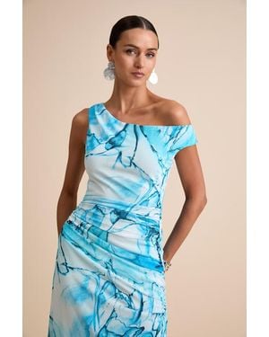Lulus Jojo Marbled Ruched One-Shoulder Maxi Dress - Blue