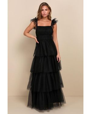 Lulus Tulle For Love Mesh Tulle Tiered Ruffled Maxi Dress - Black