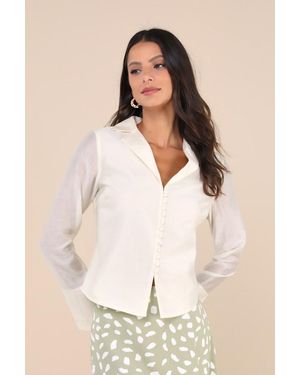 Lulus Poised Essence Collared Button-Up Long Sleeve Top - Natural