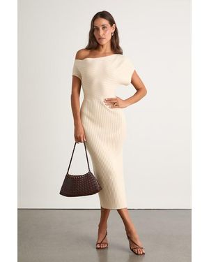 Lulus Brady Cream Ribbed Off-The-Shoulder Jumper Midi Dress - Natural