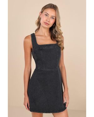 Lulus So Delighted Washed Denim Corset Seam Mini Dress - Black