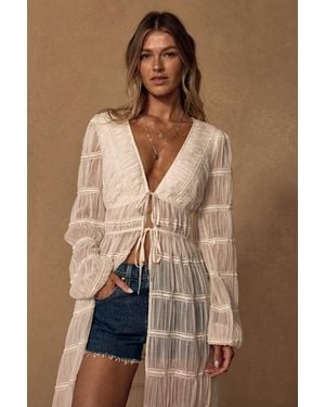 Lulus April Sheer Long Sleeve Tie-Front Duster Top - Brown