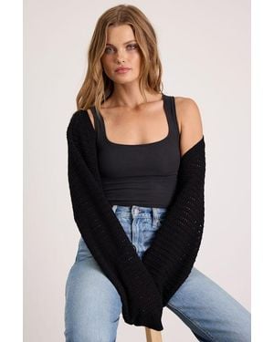 Lulus Perfectly Comforting Pointelle Open-Front Shrug Sweater - Black