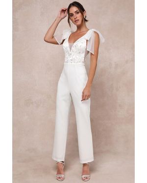 Lulus Dignified Beauty Mesh Embroidered Tie-Strap Jumpsuit - Natural