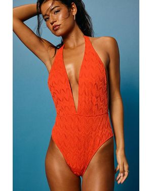 Lulus Oasis Bright Textured Halter One-Piece Swimsuit - Orange