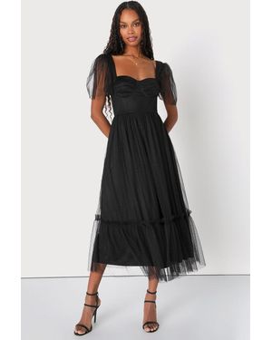 Lulus Dreamy Celebration Tulle Bustier Swiss Dot Midi Dress - Black