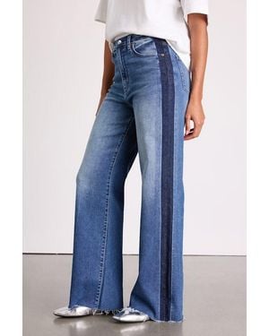 Daze Denim Far Out Medium Wash Striped Raw Hem Wide-Leg Jeans - Blue