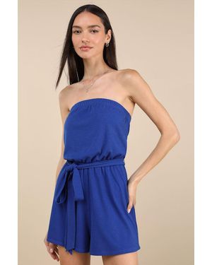 Lulus Leisurely Moments Ribbed Knit Strapless Lounge Romper - Blue
