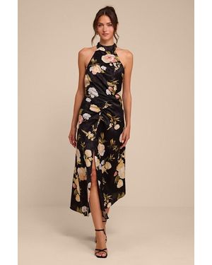 Lulus Celinda Multi Floral Satin Halter Midi Dress - Natural