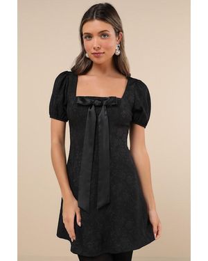 Lulus Polished Sweetie Jacquard Bow Puff Sleeve Mini Dress - Black