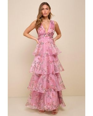 Lulus Garden Radiance Floral Print Organza Tiered Maxi Dress - Pink