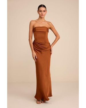 Lulus Verbena Bronze Satin Draped Strapless Maxi Dress - Natural