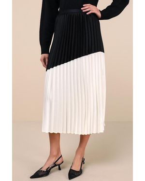 Lulus Chic Rarity Colour Block Satin Pleated Midi Skirt - Natural