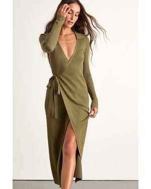 Lulus Neyla Ribbed Sweater Wrap Midi Dress - Green