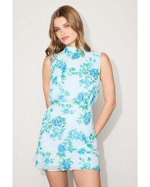 Lulus Classic Elegance Floral Sleeveless Mock Neck Mini Dress - Blue