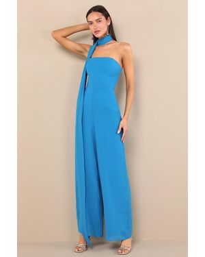 Lulus Kavina Bright Wide-Leg Jumpsuit And Scarf Set - Blue
