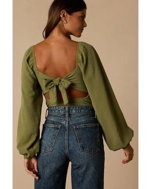 Lulus Abundance Of Love Textured Long Sleeve Tie-Back Bodysuit - Green