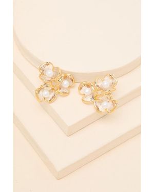 Lulus Lamina Rhinestone Pearl Flower Earrings - Brown