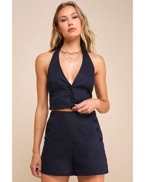 Lulus Poised Picture Linen Side-Button High-Rise Shorts - Blue