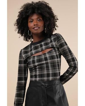 Lulus Iconic Aspect Plaid Cutout Long Sleeve Top - Black