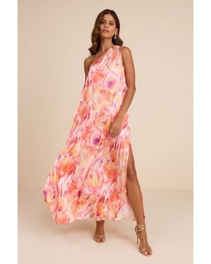 Lulus Goddess Aura Multi Floral Satin One-Shoulder Maxi Dress - Pink