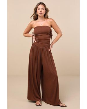 Lulus Halloran Chocolate Pointelle Strapless Wide-Leg Jumpsuit - Brown