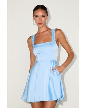 Lulus Admirably Chic Satin Lace-Up Mini Dress With Pockets - Blue