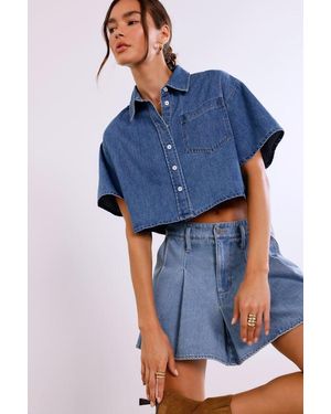 Lulus Ensured Cuteness Medium Wash Denim Button-Up Collared Top - Blue