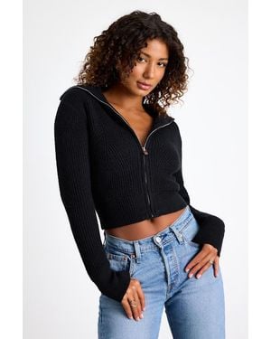 Lulus Cosy Inclination Cropped Zip-Front Collared Jumper - Blue