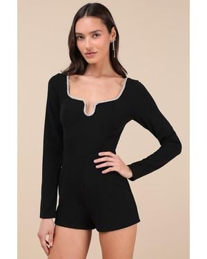 Lulus Marvelous Sparkle Rhinestone Long Sleeve Romper - Black