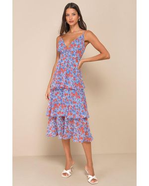 Lulus Adorable Obsession Floral Print Lurex Tiered Midi Dress - Blue