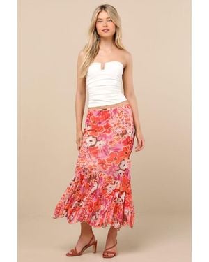 Lulus Lilika Multi Floral Mesh Ruffled Midi Skirt - Red
